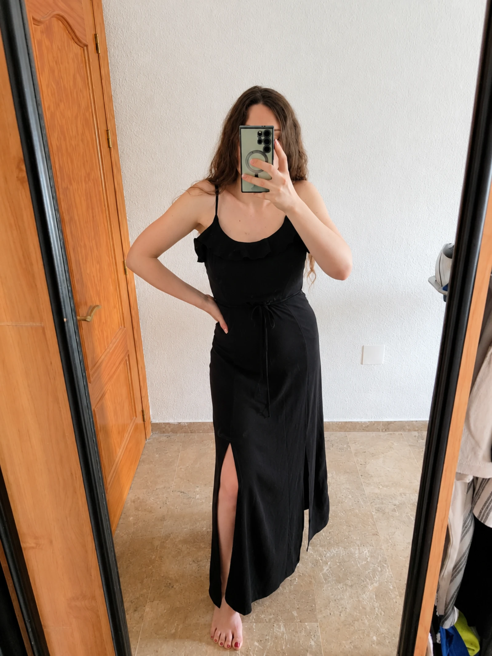Amisu Black Maxi Dress Ruffle Neck Adjustable Straps Side Slit Waist Tie Size S